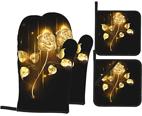 Gold Rose Heat Resistant Oven Glove Pot Mat Set,Personalized Kitchen Countertop Safety Anti Slip Mat Oven Gloves,Washable Hooks,Suitable For Cooking
