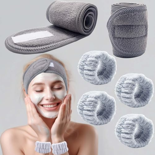 BTIYMU 6 Stück Abschmink Haarband Kosmetik Handgelenk Waschband Set, Spa Stirnband Kosmetik Skincare Frottee Haarbänder Damen, Make Up Haarband Klettverschluss Haarreif Schminken Beauty Headband Grau
