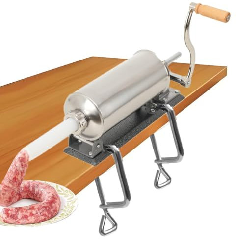Lfhelper Wurstfüller 3L Manuell Wurstfüllmaschine aus Edelstahl mit 4 Füllrohre, Horizontale Wurstpresse Wurstspritze für Küche und Restaurants