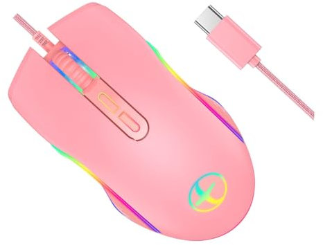 FONDOTIN Souris USB-c Rétroéclairée Rvb Filaire pour Jeux Vidéo Femme Confortable Ergonomique 800-3600 Dpi Utilisation Bureau Et Gaming Rose