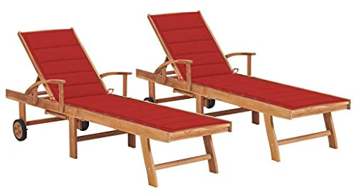 Snsowed Sonnenliegen 2 STK. mit Auflagen Rot Massivholz Teak, Gartenliege, Liegestuhl, Sonnenstuhl, Sonneninsel Outdoor, Liegen, Gartenmöbel, Bäderliege, Relaxliege - 3073192