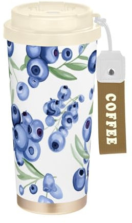 SKYSHU Blueberry Tasse à café de voyage isotherme de 500 ml avec couvercle paille, gobelet anti-déversement et étanche avec poignée – Bouteille d'eau réutilisable en acier inoxydable pour l'école, le