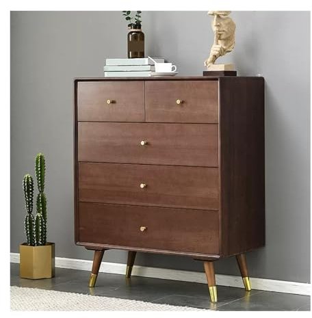 Commode de luxe en bois massif – Commode large à 5 tiroirs pour chambre à coucher et couloir, finition noyer élégante, parfaite pour les meubles de salon
