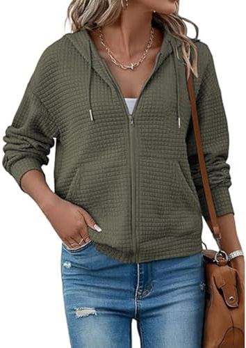 SCHOOLMOON Sweatjacke Damen Langarm Reißverschluss Kapuzenjacke Waffelmuster Einfarbig Hoodie Casual Sport Jacke Basics Kapuzenpullover Mit Taschen(Grün,XL)