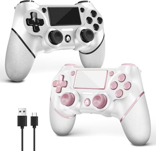 AceGamer 2 Pack Manette sans fil pour PS4，Contrôleur de jeu pour PS4/Pro/Slim/PC，Gamepad Joystick avec turbo/bouton retour/double vibration/6-axes Gyro Sensor (Rose et Blanc)
