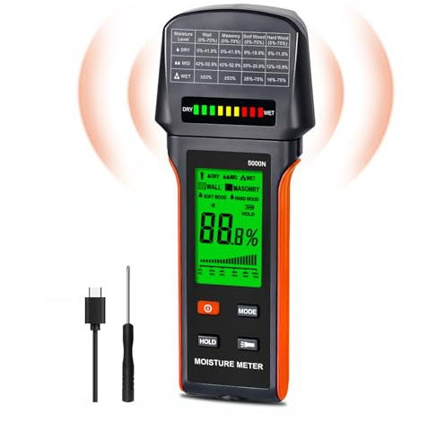 Humidimètre à bois 4 en 1, 5000 N numérique inductif pour bûches, murs, maçonnerie, bois tendre/dur, bois de chauffage, affichage LED, lampe de poche, maintien, alarme, résolution de 0,1 %, précision