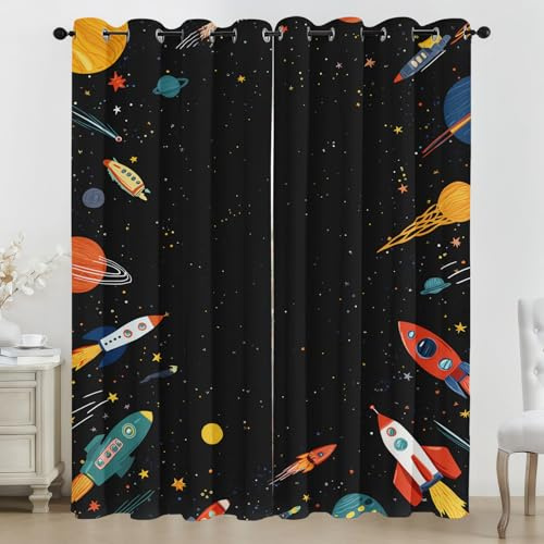 Generisch 3D Cartoon Rakete Vorhänge, Sternenhimmel Vorhang mit ösen 2er Set, Junge Mädchen Kinder Gardinen Blickdicht Verdunkelungs für Kinderzimmer Schlafzimmer Wohnzimmer B 117 X H 137 cm