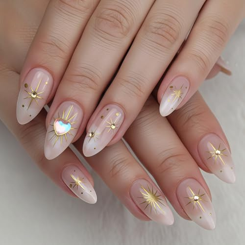 Vesavifaka 3D Boho Stelle Oro Unghie Finte Adesive, Mandorla Media 24 Pezzi, Unghie Finte Riutilizzabili in Acrilico Adesivi con Dettagli Celestiali Carini
