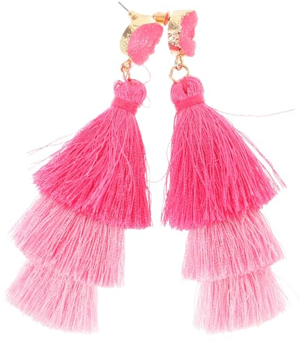 TOVINANNA Pendientes Bohemios de Borla para Mujer Pendientes Colgantes Largos en Capas Diseño Escalonado Flecos en Degradado Rosa Fucsia Accesorios de Moda para Fiestas de Verano y Playa