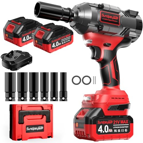 SundpeyPRO Llave de Impacto Inalámbrica 1500Nm, Pistola de Impacto Batería Brushless 2x4000mAh, Caja de 6 Dados, Cargador Rápido, Destornillador de Impacto Eléctrico para Mecánica Auto y Taller