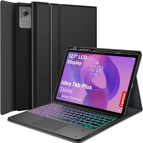 Wineecy Lenovo Idea Tab Plus 12.1 Zoll 2025 TB361FU Hülle mit Tastatur, 3-Zonen 7-Farben Beleuchtung, Abnehmbare Magnetische Bluetooth QWERTZ Touchpad Tastatur, Schützhülle mit Pencil Halter