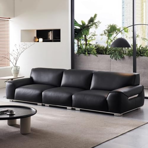 Italiensk lyxig modern enkel svart lädersoffa, massiv träram, rymlig och mjuk soffa, modern stor storlek, lämplig för vardagsrum/kontor/lägenhet.