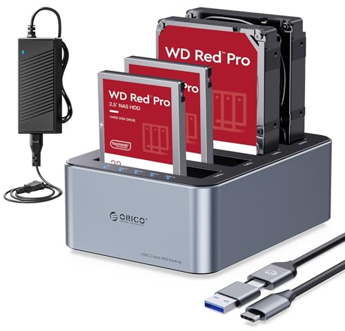 ORICO Aluminium Clone HDD Docking Station, 4 Bay Festplattengehäuse USB 3.2 Gen 1 für SATA 2,5/3,5 Zoll SSD/HDD bis zu 4 x 20 TB, Offline-Klonen, 12V/6,5A Netzteil (6646C3-C)