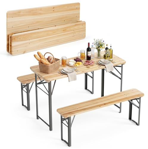 COSTWAY Set 3 Pezzi da Birreria Pieghevole, Tavolo e 2 Panche (118 x 50 cm)