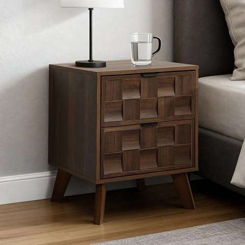 Hometopia Nachttisch Holz mit 2 Schubladen, Moderner Nachtschrank mit Geflochtener Holzstruktur und Kiefernholzbeinen, Nightstand Bedside Table für Schlafzimmer, Walnuss-Optik 47×40×57 cm