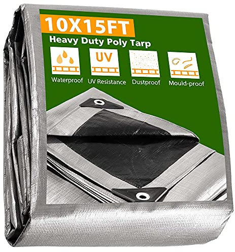 Yescom 10x15FT 10-Mil Plastic Tarp Waterproof Heavy Duty Tarpaulin with Eyelets Reversible Reinforced Edges Furniture Cover Painting Camping Roof