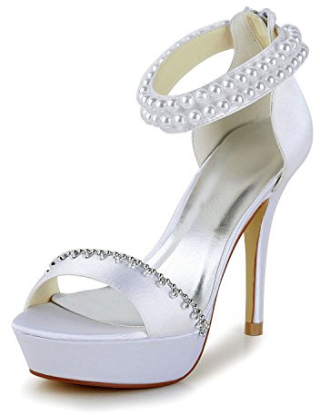 JIA JIA Zapatos de Novia de Las Mujeres 1294 Peep Toe Tacones Altos Sandalias de Plataforma de Satén Perla Zapatos de Boda Color Blanco,Tamaño 37