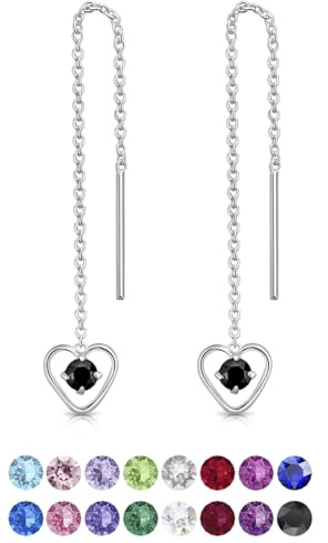 DTPsilver 925 sterling silver dra igenom/tråd stil droppe kedja örhängen och dinglande hjärta med små runda 3 mm glittrande kristaller från Swarovski Elements – längd 68 mm, Sterlingsilver, Kristall