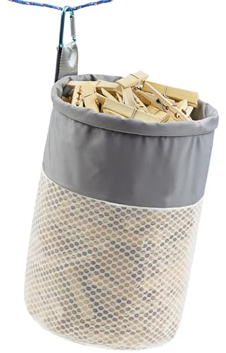 Mesh Clothespin Bag Holder Outside, Ventilation and Moisture Resistance, Multiple Hanging Methods Clothes Pin Bag with Drawstring Closure, Large-Capacity Clothespin Storage Organizer with Hooks