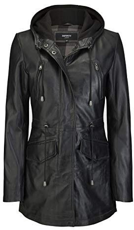 TruClothing Womens Real Leather Parker Coat 3/4 Hooded Safari Duffle Jacket Black Soft - Black 3XL