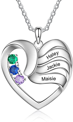 ALBERTBAND Personalisierte Damen Halskette für Mama Herz-Anhänger mit 2/3/4/5 Namen Geburtsstein 925 Sterling Silber Mutter Kind Kette Geschenk für Damen Mutter Ehefrau Freundin