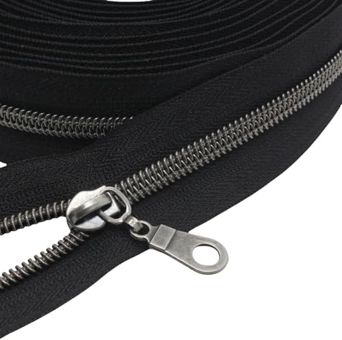 MebuZip 9 m Altsilber endlos Reißverschluss Meterware Nylon 6mm (Schwarz) | Reißverschluss 25 Nonlock-Zipper für Taschen Deko DIY Basteln Nähen