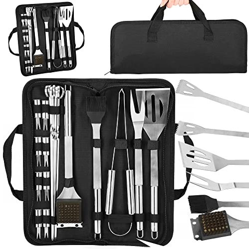 SPRINGOS Set di 5 posate per barbecue, con borsa per il trasporto, in acciaio inox, pinza per la carne e forchetta, coltello e pennello