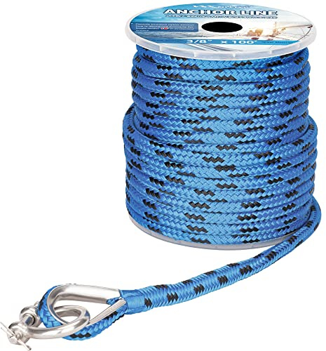 MARINE SYSTEM Made 3/8 Inch 100FT 150FT Blue/Black Nylon Anchor Line Double Braided Anchor Rope/Line with Stainless Steel Thimble and Shackle (3/8 x 100')