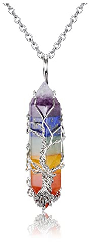 CrystalTears Natural Healing Crystal Stone Necklace Silver Tree Life Wire Wrapped Hexagonal Crystal Points Pendant Necklace Jewellry Mothers Day Gifts for Mum Women