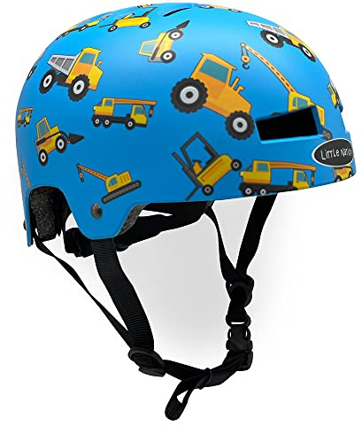 Little Nation Kids Bike Helmet – Safe & Adjustable Helmet for Bicycle, Scooter, and Roller Skates, Lightweight Design for Toddlers & Children (Blue with Yellow Trucks)