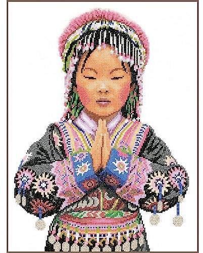 Lanarte Kreuzstich Stickpackungen Gezählter Kreuzstichbilder Set THAILÄNDISCHES STAMMESMÄDCHEN Wanddekoration Handarbeit Set für Erwachsene 29 x 39 cm Deko Bastelset Handwerker Kreative Geschenkset