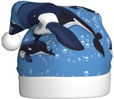 AoRom Blaue Weihnachtsmütze mit Killerwal-Motiv, Weihnachtsmannmütze für Erwachsene, Plüsch, bequem, Weihnachtsmütze für Neujahrsparty