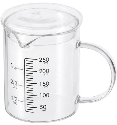 PATIKIL 250ml Glass Measuring Cup, 3.3 Borosilicate Glass Graduated Black Printed Scale Liquid Measure Cups Beaker with Glass Lid and V-Shaped Spout for Kitchen