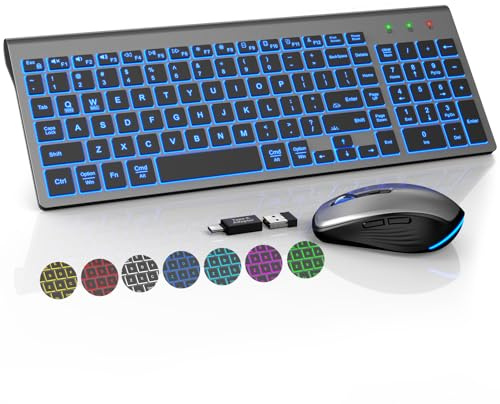 SABLUTE Wireless Keyboard and Mouse Combo Backlit - Compact Quiet Keyboard with RGB Mouse, Rechargeable, Slim, Sleep Mode, Portable Cordless Keyboard Mouse Set for Mac, Windows, Laptop (Space Gray)