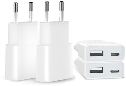 SCHITEC 5W USB Ladegerät, 4Pack 5V 1A 2 Port USB C+ USB A Netzteil Stecker, Slim USB Netzstecker Adapter Steckdose Ladestecker für iPhone, Samsung Handy,MP3, eBook Reader und Mehr (Weiß-4Pack), TC214