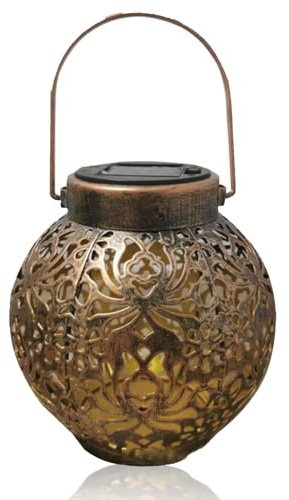 1 Pcs Outdoor Solar Hanging Light,Iron Hollow Solar Retro Hanging with Handle,Decorative Retro Metal Lamp Hanging Garden Lights for Garden Yard Patio Decor (Bronze)