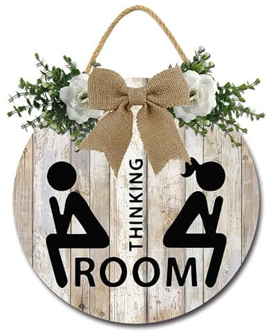 Geroclonup Unisex-WC-Schild, lustiges Badezimmerschild, Denkzimmer, Haustürschild, lustige Kränze, Hängedekoration, 28 cm, rustikales rundes Holzschild zum Aufhängen, für Badezimmer, Waschküche,