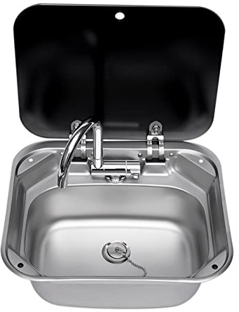 RV - Kit d'évier de camping - Lavabo avec robinet - Lavabo - Pour camping-car, caravane, camping-car - En acier inoxydable - Avec tampon silencieux - Noir, argenté