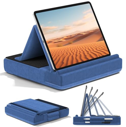 KDD Tablet Halter Kissen, Faltbarer Ipad Kissenständer mit verstellbarem Winkel, Tablet-Ständerbett mit Stiftständer für ipad pro 12.9 10.5 11 Air Mini, Telefone, Bücher, Blau