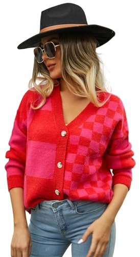 HEYPORK Damen Herbst Winter Warm Bequem Jacke Casual Mode übergangsjacke Mantel Frauen Strickwaren Karierten Patchwork-Pullover Strickjacke(Rot, M)