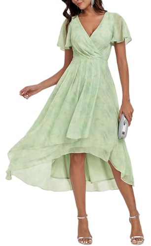 Ever-Pretty Vestidos de Invitada de Boda Elegantes Vestidos de Noche de Gasa Mujer Midi Cortos Vestidos de Novia Verde Claro 44