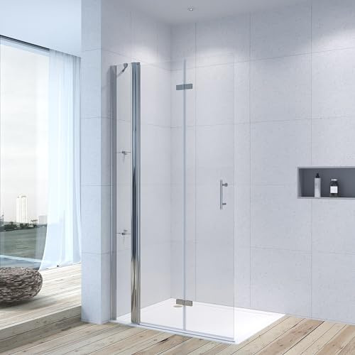 140 x 195 cm Faltbar Duschwand Glas Duschabtrennung Walk in Dusche aus 6 mm Nanobeschichtung, Faltwand für Duschwanne Mit Festteil Seitenteil und Wandablagen Glasregalen | Ohne Magnetprofil
