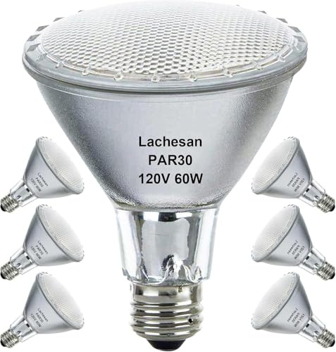 Lachesan Par30 Long Neck Halogen Flood Light Bulbs 6pcs, 60W 120V 2700K Warm White Dimmable High Brightness, E26 Base, Great for Accent Lighting, Tracking, Recessed Bulb