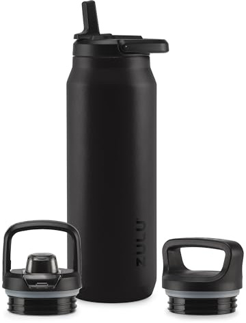 ZULU Core 40oz Stainless Steel Water Bottle with 3 Lids- Straw, Chug, Twist | Double Walled and Vacuum Insulated Metal Thermos | For Gym, Outdoor | Built in Carry Loop, Dishwasher Safe, Black