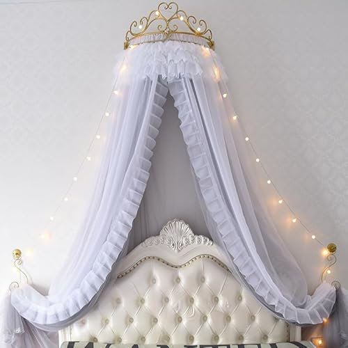 Prinzessin Betthimmel Vorhänge für Mädchen Grau Nachttisch Garn Netz Zelt mit Krone Dekoration für Kinderzimmer Romantische Betthimmel für 2,0 m (6,6 Fuß) Bett