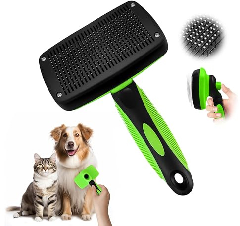 Selbstreinigende Katzenbürste Hundebürste Unterwolle (Grün) | Ein-Klick Fellbürste, Sanfte Enthaarung Für Langhaar & Kurzhaar, Hautschonender Massage-Effekt Für Hunde & Katzen