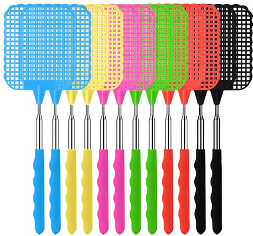 mizikuu 12 Pack Extendable Fly Swatter, Fly Swatters Plastic with Adjustable Stainless Steel Telescopic Handle Manual Multicolor Fly Repellent for Used To Wasps Mosquitoes And Other Insects