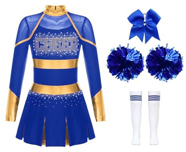 inhzoy Costume da Cheer-Leader Bambine e Ragazze Vestito Cheerleading Maniche Lunghe con Pompon e Calzini Cheerleading Outfit Costume Carnevale Halloween Evento Sportivo A Blu 9-10 anni