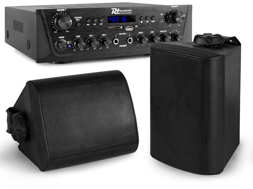 Power Dynamics - 2-Zonen Lautsprecher Boxen Set mit Bluetooth Verstärker – 2X 50W Verstärker & 2 Outdoor Lautsprecher – Innen & Außen – MP3, FM-Radio & USB – Inkl. Fernbedienung & 20m Kabel