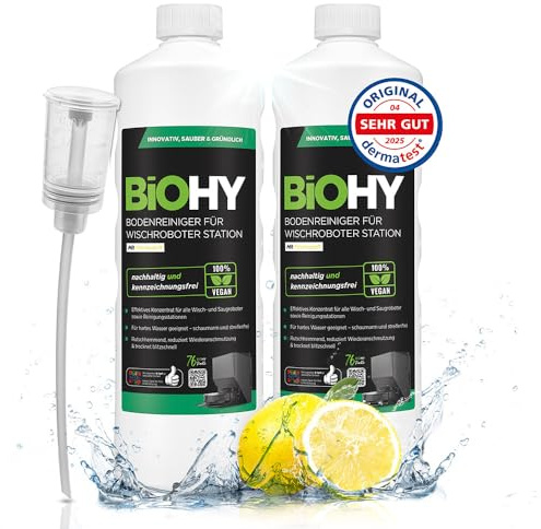 BiOHY Nettoyant pour sol pour station de robot serpillière avec parfum frais (2 x 1 litre) + doseur, agent de nettoyage concentré pour tous les aspirateurs serpillières et robots avec fonction humide